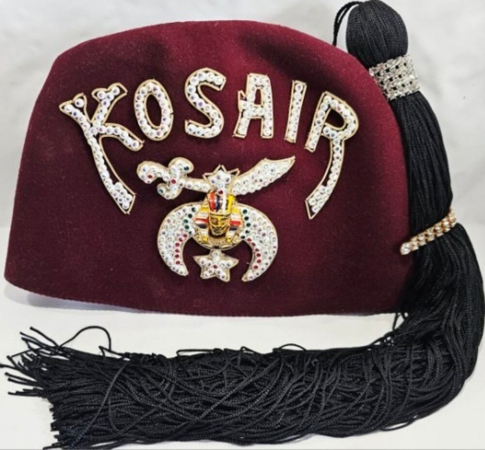 Vintage Kosair Shriners Masonic Fez Hat 7-1/8 With Colored Jewels & Tassel w/Rhi